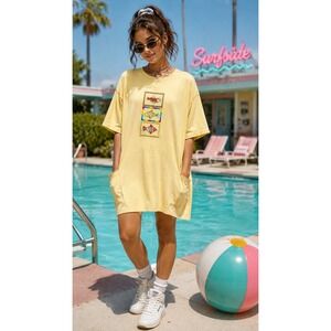 Vintage Yellow Fish Embroidered T-Shirt Dress XL NWT USA Swim Cover Pockets 90s